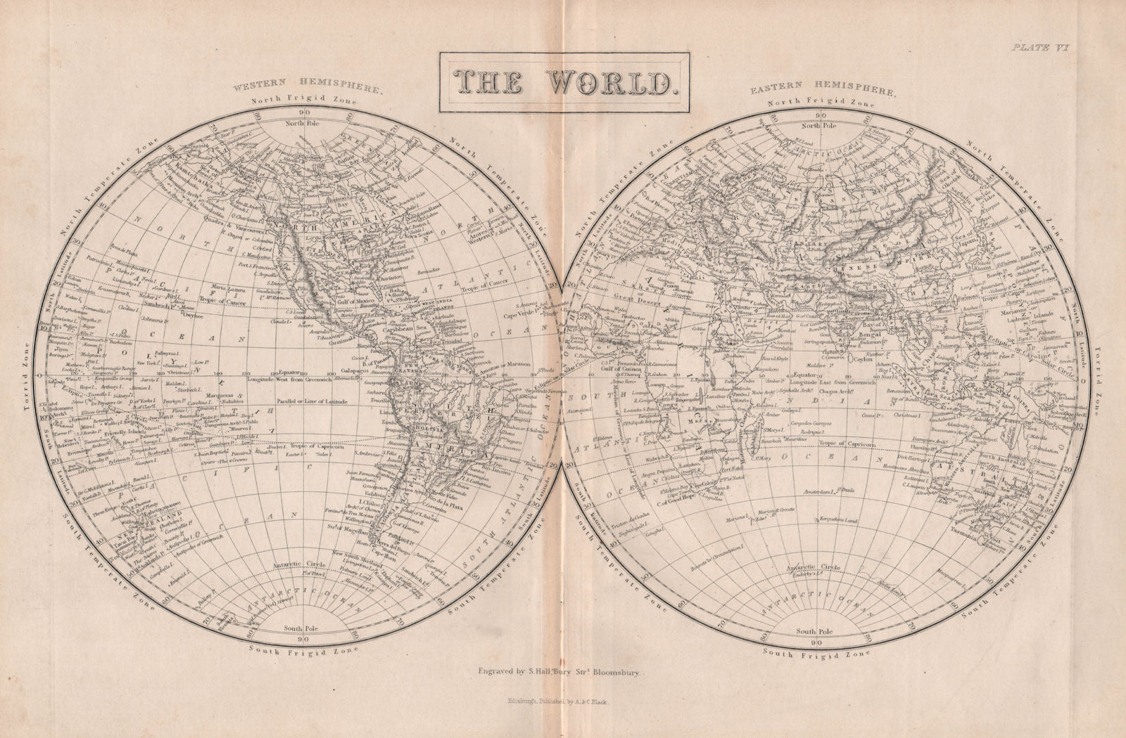 WORLD TWIN HEMISPHERES. Western & Eastern Hemispheres. BRITANNICA 1860 old map